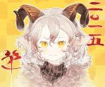  1girl animal_ears bust checkered checkered_background horns looking_at_viewer original sheep_horns shihou_(g-o-s) solo white_hair yellow_eyes 