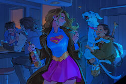  2boys 2girls absurdres animal animal_ears bag bar_stool black_hair blonde_hair blue_shirt bottle brown_coat clark_kent closed_eyes coat commentary cup dc_comics denim dog dog_ears dog_tail dog_treat english_commentary glasses green_jacket hand_on_own_chest highres holding holding_bag holding_bottle holding_cup jacket jeans krypto_the_superdog leather leather_jacket lobo_(dc) long_hair multiple_boys multiple_girls on_stool opaque_glasses open_clothes open_coat open_jacket open_mouth pants plaid_clothes plaid_jacket red_skirt ruthye_marye_knoll shirt short_hair skirt sleeveless sleeveless_jacket stool supergirl supergirl_(2026) superman superman_(series) superman_logo sword sword_on_back tail tongue vickychendraws weapon weapon_on_back white_fur white_shirt 