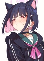  1girl animal_ears black_choker black_hair black_hoodie blue_archive blush cat_ears choker collarbone ear_blush embarrassed hair_ornament hairclip half-closed_eyes halo highres hood hood_down hoodie kazusa_(blue_archive) multicolored_hair pink_hair pink_halo pout red_eyes sailor_collar short_hair sidelocks solo sumiyama_sui two-tone_hair upper_body white_background 