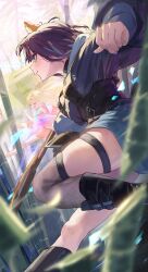  2girls animal_ears bamboo bamboo_forest cho_kaguya-hime! commentary_request fishnet_thighhighs fishnets forest fox_ears fox_girl fox_tail hammer highres holding holding_hammer holding_weapon kaguya_(cho_kaguya-hime!) kaguya_(tsukuyomi)_(cho_kaguya-hime!) multiple_girls nature rabbit_ears rabbit_girl rabbit_tail sakayori_iroha sakayori_iroha_(tsukuyomi) single_thighhigh solo_focus tail thigh-highs toake_(user_affe3424) weapon 