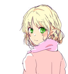  1girl blonde_hair blush brown_shirt chikuwa_coffee_(milk_soda) closed_mouth commentary_request green_eyes looking_at_viewer looking_back mizuhashi_parsee pink_scarf pointy_ears scarf shirt short_hair simple_background smile solo touhou upper_body white_background 