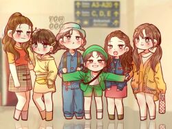  6+girls artist_name backpack bad_id bad_twitter_id bag bob_cut braid braided_twintails brown_eyes brown_hair cardigan chibi commentary eunha_(gfriend) gfriend green_hat hat looking_at_viewer multiple_girls oooyow outstretched_arms reflection sinb_(gfriend) skirt smile sowon_(gfriend) twintails umji_(gfriend) yellow_skirt yerin_(gfriend) yuju_(gfriend) 
