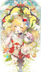  2girls :d ;d absurdres ahoge animal animal_ears apple apple_slice bird blonde_hair blue_sky bow bowtie brown_bow brown_bowtie bug butterfly character_doll choker clouds commission cone_hair_bun crown doll dot_nose dress duck eyelashes facial_mark feathered_wings flower flower_in_eye food forehead_mark freckles frills fruit gem grass green_eyes green_ribbon hair_bun hair_ornament hair_ribbon hair_tie hand_puppet hat highres holding house jewelry layered_dress leaf leaf_hair_ornament long_hair long_sleeves looking_at_viewer marking_on_cheek mihuashi_commission multiple_girls mushroom one_eye_closed open_mouth original pendant picture_frame pink_hair polka_dot puppet rabbit rabbit_ears rainbow red_bow red_bowtie red_gem ribbon ring shirt_bow short_eyebrows si_ji_huagaole_ma sidelocks sky smile snowflake_hair_ornament snowflakes sparkle star_(symbol) star_choker stuffed_animal stuffed_toy symbol_in_eye teddy_bear twintails upper_body watermark white_bow white_butterfly white_flower white_wings wings yellow_butterfly yellow_crown yellow_eyes 