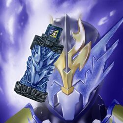  1boy armor blue_armor blue_eyes blue_helmet close-up commentary_request compound_eyes dragon_fullbottle fullbottle helmet kabegoe3kaisen kamen_rider kamen_rider_build_(series) kamen_rider_cross-z solo straight-on tokusatsu 