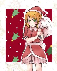  1girl alternate_costume blonde_hair blush breasts chikuwa_coffee_(milk_soda) christmas christmas_tree closed_mouth commentary_request cowboy_shot dress green_eyes hat highres holding holding_sack looking_at_viewer medium_breasts mizuhashi_parsee pointy_ears pom_pom_(clothes) red_dress red_hat sack santa_costume santa_hat short_hair smile snowflakes snowing solo touhou 