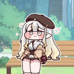  1girl ahoge bag bench beret between_breasts blonde_hair blush breasts brown_cardigan brown_hat brown_skirt cardigan commentary_request furrowed_brow hair_between_eyes handbag hands_on_lap hat highres junho korean_commentary large_breasts long_hair multicolored_hair nervous nervous_sweating nose_blush on_bench outdoors outline pointy_ears renewa_(leisurely_time)_(trickcal) renewa_(trickcal) sitting skirt solo strap_between_breasts sweat sweatdrop sweater trickcal turtleneck turtleneck_sweater very_long_hair white_hair white_outline white_sweater 
