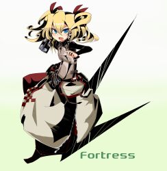  1girl absurdres armor belt_pouch black_bodysuit blonde_hair blue_eyes bodysuit character_name fortress_(sekaiju) fortress_2_(sekaiju) full_body gradient_background green_background hair_between_eyes hair_ribbon hammer highres holding holding_hammer looking_at_viewer open_mouth pouch red_ribbon ribbon sekaiju_no_meikyuu sekaiju_no_meikyuu_4 smile solo takamine_nadare twintails white_background 