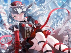 1girl aqua_hair back_bow bang_dream! black_ribbon black_rose blush corset dress earrings floating_hair flower frills gloves green_eyes hand_up hat hat_ornament hat_ribbon head_tilt hikawa_sayo leg_ribbon long_hair official_art outdoors petals red_ribbon red_rose ribbon rose ruins scenery smile solo veil white_rose wind