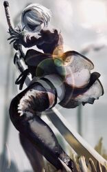  2b_(nier:automata) black_boots black_dress black_hairband black_mask blindfold_mask blurry blurry_background boots covered_eyes dress feather-trimmed_sleeves frilled_dress frills from_above g6bl92pajx61997 gloves grass hairband holding holding_sword holding_weapon katana light_particles looking_at_viewer mask mole nier:automata nier_(series) red_lips sheath short_hair sunlight sword thigh_boots weapon white_hair 