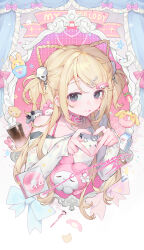  1girl absurdres aegyo_sal animal_ears beads bear black_bow black_eyes blonde_hair blue_bow bow braid braided_hair_rings cd cd_case chain character_request coffee collar commission confetti cross cross_hair_ornament cup cupcake curtains dot_nose doughnut drink_carton eraser eyelashes fake_animal_ears finger_heart fingernails food frilled_curtains frills fruit gem hair_ornament hair_rings hair_tie hairclip heart_collar highres ice iced_coffee long_hair long_sleeves looking_at_viewer makeup mihuashi_commission milk_carton musical_note musical_note_hair_ornament my_melody my_melody_(series) off-shoulder_shirt off_shoulder original pearl pen picture_frame pink_bow pink_collar rabbit ringed_eyes rouge_(makeup) sanrio shirt si_ji_huagaole_ma sidelocks skull skull_hair_ornament solo_focus star_(symbol) star_hair_ornament strawberry swept_bangs tongue tongue_out two_side_up upper_body watermark white_shirt 