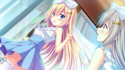  2girls blonde_hair blue_eyes blue_hairband blue_skirt bow bow_hairband ceiling da_capo da_capo_iv day dress_shirt dutch_angle floating_hair frilled_bow frills from_behind from_below game_asset glass green_ribbon grey_hair hair_between_eyes hairband hand_up high-waist_skirt highres indoors key_hair_ornament long_hair looking_at_another looking_back looking_up miniskirt multiple_girls neck_ribbon non-web_source open_mouth pleated_skirt profile ribbon sagisawa_arisa sagisawa_arisu self-datamine shirt skirt sleeveless sleeveless_shirt standing sweatdrop tanihara_natsuki thigh-highs white_shirt white_thighhighs zettai_ryouiki 