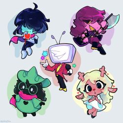  1other 2boys 2girls absurdres animal_ears ant_tenna antlers armlet black_fur blonde_hair blue_hair blue_skin bracelet cape clothed_robot colored_skin colored_teeth commentary crt dark_fountain_(deltarune) deer_antlers deer_ears deer_girl deltarune english_commentary furry furry_female furry_male goat_boy goat_ears green-framed_eyewear green_hat green_robe hat highres horns jewelry kris_(dark_world)_(deltarune) kris_(deltarune) long_nose minty_chu multiple_boys multiple_girls necktie noelle_holiday noelle_holiday_(dark_world) object_head pink_cape pink_hair pink_scarf pink_skin pointy_nose radio_antenna ralsei ralsei_(hat) red_soul_(utdr) reindeer_girl reptile_girl robe robot scarf shoes simple_background soul_(utdr) spiked_armlet spiked_bracelet spikes susie_(dark_world)_(deltarune) susie_(deltarune) tailcoat the_fun_gang utdr_(toby_fox) white_robe yellow_necktie yellow_shoes yellow_teeth 