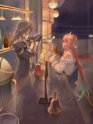 2girls absurdres alcohol aqua_hair bar_(place) bar_stool bartender black_coat black_gloves can chinese_commentary coat cocktail_glass cocktail_shaker commentary_request cup cyrene_(demiurge)_(honkai:_star_rail) cyrene_(honkai:_star_rail) dress drink_can drinking_glass earrings furioso gloves grey_hair highres honkai:_star_rail honkai_(series) jewelry long_hair multiple_girls pink_hair planet_earrings pointy_ears smile soda_can stelle_(honkai:_star_rail) stool trailblazer_(honkai:_star_rail) very_long_hair violet_eyes white_dress 