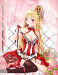  1girl arm_support black_legwear blonde_hair breasts canape_(canape0130) chocolate chocolate_heart cinia_pacifica curtains eating flower garter_straps heart long_hair looking_at_viewer off_shoulder pink_eyes rose single_thighhigh sitting sword_girls thigh-highs wariza window 