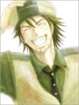  1boy arm_behind_head arm_up beret closed_eyes face facial_hair goatee grin hat kaburagi_t_kotetsu ki_nu_go_shi male_focus smile solo tiger_&amp;_bunny 