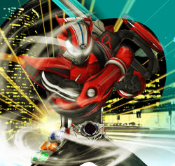  1boy armor black_bodysuit black_gloves bodysuit commentary_request drive_driver facial_mark forehead_mark gloves handle-ken helmet holding holding_sword holding_weapon kamen_rider kamen_rider_drive kamen_rider_drive_(series) kamen_rider_drive_(type_speed) murahigeya red_armor red_helmet rider_belt shift_car slashing solo sword unused_tire weapon white_eyes 