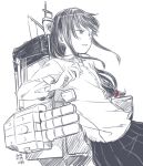  1girl artist_name dated dress_shirt hatsushimo_(kantai_collection) kantai_collection kawashina_(momen_silicon) long_hair long_sleeves low-tied_long_hair monochrome pleated_skirt shirt sidelocks simple_background skirt solo turret white_background 