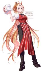  1girl ahoge animal_ears apron black_bow black_pants blue_eyes bow box breasts collared_shirt colored_bangs ear_covers employee_uniform fast_food_uniform highres holding holding_box horse_ears horse_girl horse_tail kfc long_hair looking_at_viewer medium_breasts multicolored_hair orange_hair orfevre_(umamusume) pants red_apron red_vest shirt shoes simple_background single_ear_cover socks solo tail two-tone_hair umamusume vest white_background white_hair white_shirt white_socks yue_(lov_n_n) 