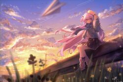  1girl absurdres black_skirt blue_scarf blue_sweater clouds commentary_request grass hat highres landscape lxns man_bo original purple_hair road scarf scenery skirt sunset sweater violet_eyes white_hat 