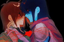  2others androgynous antenna_hair armor black_background black_hair black_shirt blue_skin blush breastplate brown_hair cardigan collared_shirt colored_skin commentary deltarune dual_persona from_side gauntlets green_cardigan grey_armor hair_between_eyes hand_up heart highres holding_hands kris_(dark_world)_(deltarune) kris_(deltarune) looking_at_another multiple_others other_focus other_with_other pauldrons pink_scarf red_eyes red_soul_(utdr) scarf selfcest shaded_face shirt short_hair shoulder_armor simple_background smile soul_(character)_(deltarune) soul_(utdr) sweatdrop teeth unisugoijang upper_body utdr_(toby_fox) 