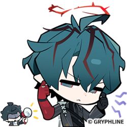  2boys arknights arknights:_endfield arm_strap blue_eyes blue_hair camille_(arknights) chibi chibi_only covering_own_ears endministrator_(arknights) hair_between_eyes halo holding holding_megaphone jewelry lowres male_endministrator_(arknights) megaphone multicolored_hair multiple_boys official_art pointy_ears red_hair red_halo shout_lines solo_focus sticker_(medium) streaked_hair turtleneck 