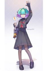  ! 1girl absurdres alternate_costume artist_name black_gloves black_pantyhose black_serafuku black_shoes black_skirt blue_hair character_doll closed_eyes commentary_request doll elbow_gloves fate/grand_order fate_(series) gloves grin hair_intakes highres kibinago_(kibinago614) locusta_(fate) long_skirt multicolored_hair nero_claudius_(fate) nero_claudius_(lostroom_outfit)_(fate) pantyhose partially_fingerless_gloves purple_hair school_uniform serafuku sharp_teeth shoes short_hair skirt smile solo spoken_exclamation_mark teeth two-tone_hair waving 