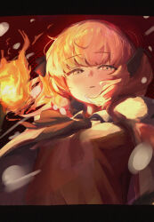  1girl ada_(iyowa) adipocere_(vocaloid) black_ribbon blurry blurry_foreground collared_shirt commentary expressionless fire fur-trimmed_jacket fur_trim hair_ribbon highres holding holding_torch iyowa_girls jacket looking_at_viewer medium_hair motion_blur neck_ribbon open_clothes open_jacket pink_hair red_background ribbon shirt simple_background solo tokuman1203 torch twintails upper_body white_eyes white_shirt wind wind_lift 