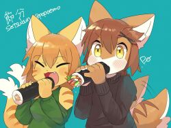  2girls :3 :d animal_ear_fluff animal_ears bare_shoulders black_sweater blue_background blush brown_hair closed_eyes clothing_cutout commentary_request double-parted_bangs eating ehoumaki fang food fox_ears fox_girl fox_tail furry furry_female green_sweater hair_between_eyes hair_ornament highres holding holding_food long_sleeves makizushi motion_lines multiple_girls open_mouth orange_fur orange_hair original po!_(popoemo) short_hair shoulder_cutout signature simple_background smile sushi sweater tail tail_wagging twitter_username two-tone_fur upper_body white_fur x_hair_ornament yellow_eyes yellow_fur 