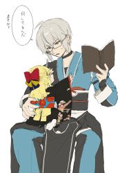  1boy 1girl aged_down ahoge alternate_costume black_choker black_kimono blonde_hair book bow child choker commentary_request floral_print floral_print_kimono grey_hair hair_bow harimoto_09 highres holding holding_book japanese_clothes kimono kirisame_marisa morichika_rinnosuke open_mouth print_kimono red_bow sitting sitting_on_lap sitting_on_person socks speech_bubble tabi touhou translation_request white_socks yellow_eyes 