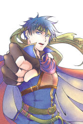  1boy blue_eyes blue_hair commentary danannie fire_emblem fire_emblem:_path_of_radiance foreshortening green_headband headband highres ike_(fire_emblem) male_focus short_hair simple_background solo 