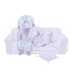  1boy 1girl adashino_adami bandages bandages_over_eyes blood blood_on_bandages capelet chibi colored_blood couch cup dress full_body highres holding holding_cup homicipher hood hooded_capelet leaning_on_person mr._silvair mug omu_o22 on_couch pillow pink_blood pointy_ears robe simple_background sitting sleeping sleeping_on_person white_background white_dress white_hair white_robe 