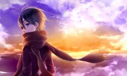  1boy ciel_phantomhive clouds cloudy_sky commentary_request covered_mouth dusk earrings eyelashes eyepatch floating_scarf from_behind fujikiri_yana highres jacket jewelry kuroshitsuji long_sleeves male_focus outdoors scarf short_hair sky solo stud_earrings upper_body 
