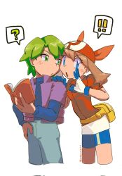  ! !! 1boy 1girl :o ? bandana bike_shorts blue_eyes blue_shirt book brown_hair closed_mouth commentary_request corrupted_twitter_file drew_(pokemon) fanny_pack gloves green_eyes green_hair hair_between_eyes hand_on_another's_shoulder highres holding holding_book jacket long_sleeves looking_at_another may_(pokemon) open_book open_clothes open_jacket open_mouth pants pokemon pokemon_(anime) pokemon_the_series:_ruby_and_sapphire purple_jacket red_bandana red_shirt shirt short_hair short_sleeves shorts spoken_exclamation_mark spoken_question_mark twitter_username umebosibakari2 white_background white_gloves 