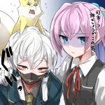  1boy 1girl blue_eyes crossover earrings fox gloves jewelry kantai_collection mask naki_gitsune_(touken_ranbu) pink_hair ponytail shiranui_(kantai_collection) silver_hair takeshima_(nia) touken_ranbu uniform yellow_eyes 