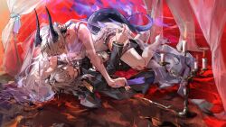  2girls arknights bikini black_horns breasts dragon_girl dragon_horns dragon_tail dress earrings fire flame-tipped_tail girl_on_top green_eyes grey_hair hair_over_one_eye highres horns jacket jewelry large_breasts long_hair multiple_girls multiple_horns necrass_(arknights) necrass_(summer_flowers)_(arknights) official_alternate_costume purple_fire purple_light see-through_dress_swimsuit smile swimsuit tail talulah_(arknights) very_long_hair white_hair yarniiii1 yuri 