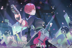  1girl black_choker black_eyes black_jacket black_pants black_shirt bracelet character_name cherry_(cytus) choker closed_mouth commentary_request confetti copyright_logo copyright_notice cropped_jacket cytus cytus_ii earrings electric_guitar flame_print from_side guitar gun highres holding holding_guitar holding_gun holding_instrument holding_weapon instrument jacket jewelry logo long_sleeves looking_at_viewer official_art overskirt pants red_hair sdorica shirt short_hair stage upper_body weapon 
