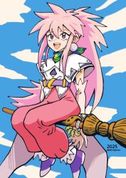  1girl 2025 arche_klein batchgooya blue_sky bracelet broom broom_riding clouds commentary_request day elbow_gloves gloves highres holding holding_broom jewelry long_hair midair open_mouth outdoors pink_eyes pink_hair scarf sky smile solo tales_of_(series) tales_of_phantasia 