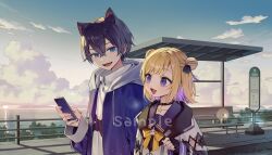  1boy 1girl :d animal_ear_fluff animal_ears bench black_choker blonde_hair blue_eyes blue_sky blush bow bowtie bus_stop cat_boy cat_ears cellphone character_request choker clouds colored_inner_hair commentary_request copyright_request crossed_bangs ctd_114 day double-parted_bangs double_bun drawstring fang hair_between_eyes hair_bun highres holding holding_phone hood hood_down hoodie long_sleeves multicolored_hair open_clothes open_hoodie open_mouth outdoors phone purple_hair purple_hoodie sample_watermark shirt short_hair sidelocks sky smartphone smile swept_bangs upper_body violet_eyes virtual_youtuber watermark white_shirt yellow_bow yellow_bowtie 