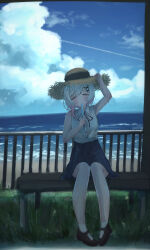  1girl absurdres alternate_costume bare_shoulders beach bench black_skirt brown_shoes closed_eyes clouds commentary_request fence food food_in_mouth full_body gradient_hair grass hair_ornament hand_on_headwear hat highres holding holding_food holding_popsicle hot mahou_shoujo_no_majo_saiban multicolored_hair neck_ribbon ocean pink_hair popsicle popsicle_in_mouth ribbon sakuraba_ema shirt shoes shore short_hair sitting skirt sky sleeveless sleeveless_shirt socks solo straw_hat sun_hat user_yhmd3838 white_hair white_shirt white_socks x_hair_ornament 