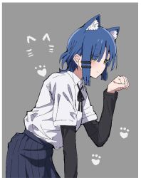  1girl :| animal_ears black_ribbon black_undershirt blue_hair blue_skirt blush bocchi_the_rock! border cat_ears closed_mouth commentary_request from_side grey_background hair_ornament hairclip heart jpeg_artifacts looking_at_viewer monochrome_background parallel_hairclips paw_print pleated_skirt puteme ribbon shirt short_hair simple_background single_paw_pose skirt solo white_border white_shirt yamada_ryo yellow_eyes 