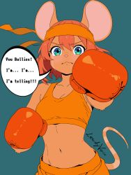  1girl absurdres animal_ears animal_nose artist_name bandana blue_background boxing boxing_gloves breasts commentary crying deltarune english_commentary english_text gloves green_eyes highres lewdyverse mouse_ears mouse_girl mouse_tail navel orange_(deltarune) orange_bandana orange_fur orange_gloves orange_theme partial_humanization simple_background small_breasts speech_bubble tail utdr_(toby_fox) 