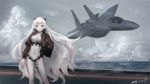 1girl 2014 airfield_hime airplane breasts contrapposto date helmet horns jacket kantai_collection kirigaku_luo long_hair pale_skin red_eyes shinkaisei-kan solo very_long_hair white_hair white_skin 