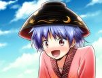  1girl bowl hat japanese_clothes kimono open_mouth purple_hair red_eyes satou_yuuki short_hair smile solo sukuna_shinmyoumaru touhou 