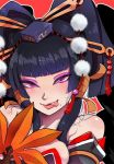  1girl bare_shoulders black_hair breasts cleavage dead_or_alive dead_or_alive_5 eyeshadow hair_ornament hair_stick hair_tubes hat kafun lips long_hair makeup mole mole_under_mouth nyotengu open_mouth pom_pom_(clothes) smile solo tokin_hat tongue tongue_out 