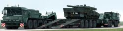  bundeswehr cannon commentary cross cross_patty day highres iron_cross kcme leopard_2 lowboy_trailer military military_truck military_vehicle motor_vehicle no_humans original outdoors road slt_50_elefant tank tank_turret trailer truck vehicle_focus wide_image 