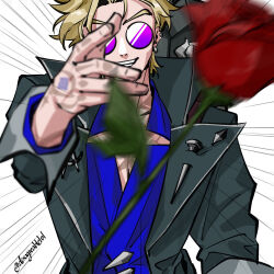  1boy blonde_hair blue_shirt coat collar commentary desagreablelol ear_piercing earrings flower glasses highres jewelry league_of_legends locke_(league) male_focus motion_blur motion_lines nail_(hardware) piercing purple-tinted_eyewear rose round_eyewear shirt signature simple_background smile solo throwing tinted_eyewear untranslatable_commentary 