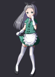  1boy :3 :d adjusting_skirt apron black_hairband black_shoes blend_s blush center_frills collared_shirt commentary contrast_collar crossdressing crossdressing_(mtf) dark_background floating_hair frills full_body gloves green_eyes green_shirt green_skirt grey_background grey_hair hairband hand_up hayakawa_inuha high_heels highres invisible_floor kanzaki_hideri long_hair long_sidelocks looking_at_viewer male_focus miniskirt open_mouth pleated_skirt puffy_short_sleeves puffy_sleeves pumps shirt shoes short_sleeves sidelocks simple_background skirt smile solo standing stile_uniform thigh-highs trap v-shaped_eyebrows waist_apron white_apron white_gloves white_thighhighs 