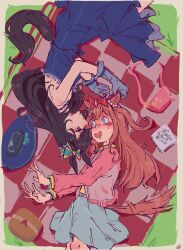  2girls afterimage agnes_digital_(casual)_(umamusume) agnes_digital_(umamusume) animal_ears bag black_hair blue_dress blue_eyes blush border bow brown_hair closed_mouth commentary drawing_(object) dress drooling ear_bow face-to-face from_above gloves grey_border hair_bow hat highres horse_ears horse_girl horse_tail jacket jewelry long_hair long_sleeves looking_at_another lying mejiro_dober_(sapphire_sojourn)_(umamusume) mejiro_dober_(umamusume) motion_lines mouth_drool multiple_girls nanazudina necklace nose_blush official_alternate_costume on_side open_mouth outside_border picnic_blanket skirt smile tail tail_wagging umamusume unworn_clothes unworn_hat unworn_headwear very_long_hair violet_eyes wide-eyed yuri 