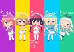  1boy 4girls :3 :d amano_miu apron arm_at_side arm_behind_back artist_name black_hairband black_shoes black_trim blend_s blonde_hair blue_eyes blue_shirt blue_skirt blush braid center_frills character_name chibi closed_mouth collared_shirt column_lineup commentary_request crossdressing crossdressing_(mtf) english_text everyone finger_to_mouth frills full_body gloves green_shirt green_skirt grey_hair hair_between_eyes hair_ornament hairband hand_on_own_hip hand_up hands_up headwear_request hinata_kaho hoshikawa_mafuyu invisible_floor kanzaki_hideri kinokorin long_hair long_sidelocks looking_at_viewer low_twin_braids low_twintails miniskirt multiple_girls one_eye_closed open_mouth own_hands_together pink_hair pink_shirt pink_skirt pleated_skirt pom_pom_(clothes) pom_pom_hair_ornament puffy_short_sleeves puffy_sleeves purple_shirt purple_skirt sakuranomiya_maika shirt shoes short_hair short_sleeves shushing sidelocks signature skirt smile standing standing_on_one_leg stile_uniform teeth thigh-highs trap twin_braids twintails upper_teeth_only v v-shaped_eyebrows v_over_eye violet_eyes waist_apron waving white_apron white_gloves white_thighhighs yellow_shirt yellow_skirt 