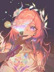  1girl absurdres bare_shoulders chinese_commentary closed_mouth cocktail_glass commentary_request cup cyrene_(honkai:_star_rail) dress drinking_glass earrings flower food fruit furioso hair_flower hair_intakes hair_ornament highres holding holding_cup honkai:_star_rail honkai_(series) jewelry lemon lemon_slice long_hair nail_polish pink_hair pink_nails solo violet_eyes white_dress 